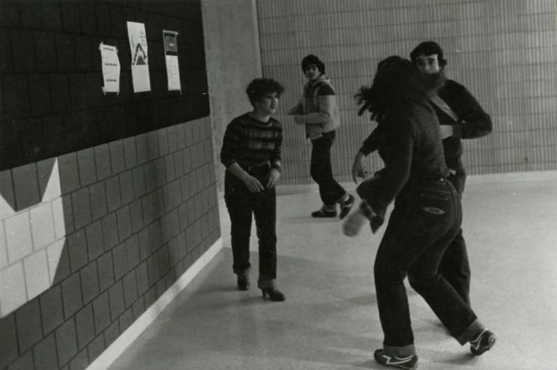 Students clowning in a school hallway