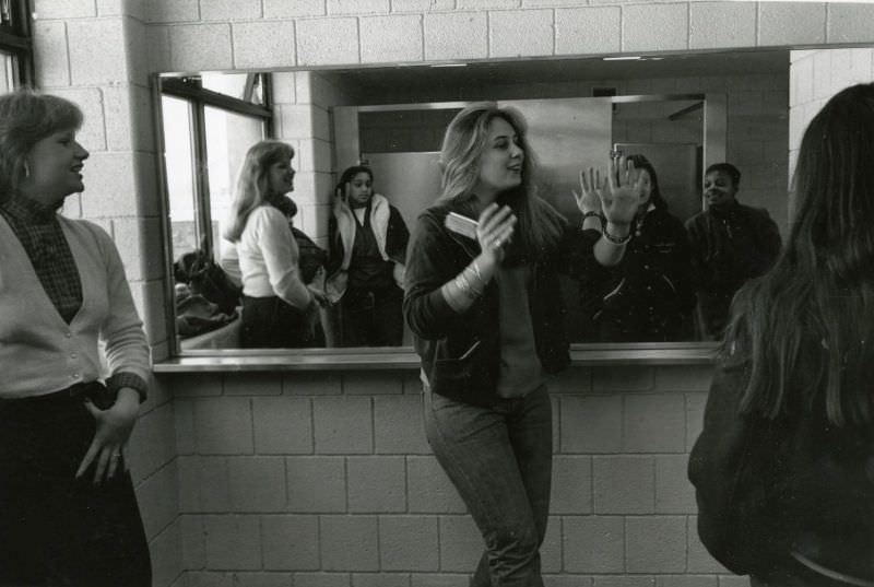 Students socializing in a bathroom