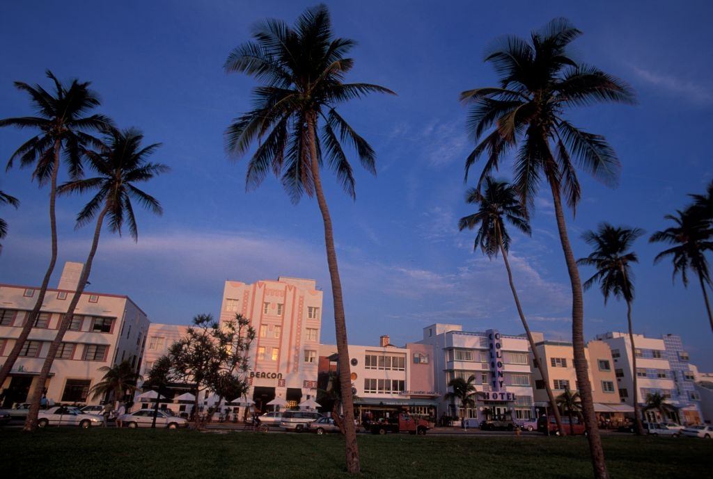 Sunrise on Ocean Drive, featuring Art Deco frontages, on South Beach, 1990.