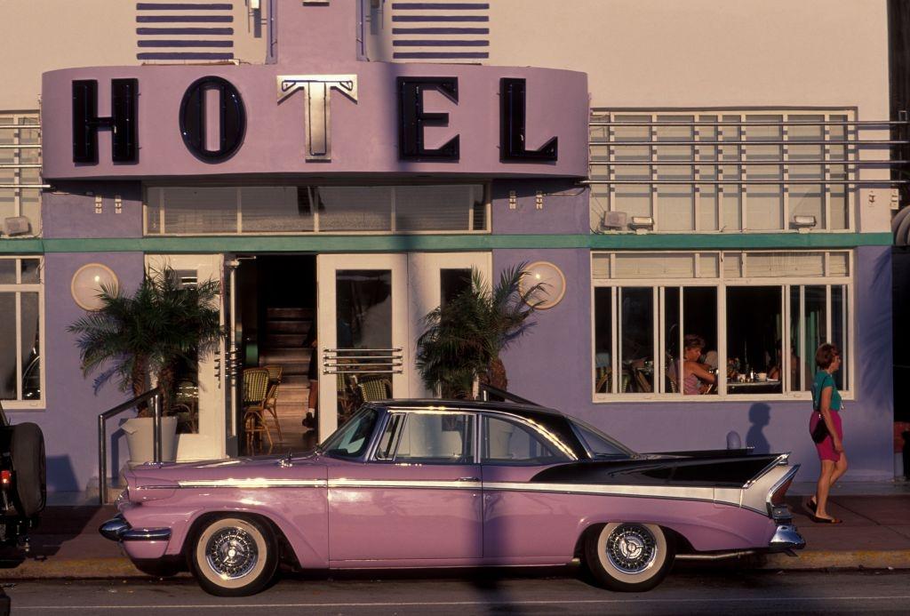 The entrance to the Colony Hotel on Ocean Drive, with its permanent accessory, Miami, 1990.