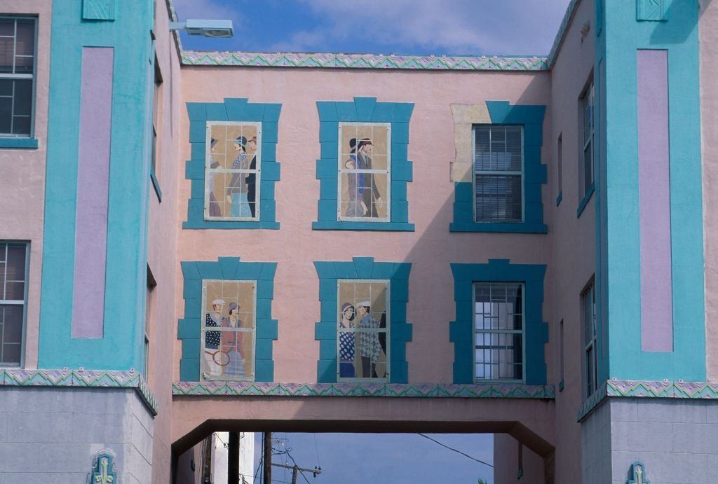 Art Deco trompe l'oeil or false windows on a building at Deco Plaza, 5th Street, on South Beach, Miami, 1990.