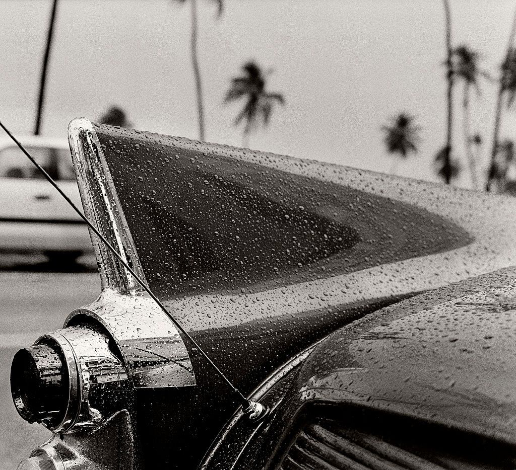 The fin of a 50's American car, Ocean Drive in the rain.