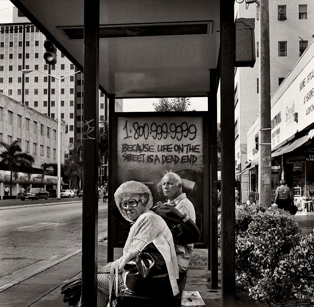 Bus stop, Washington Avenue, Miami Beach, Florida.