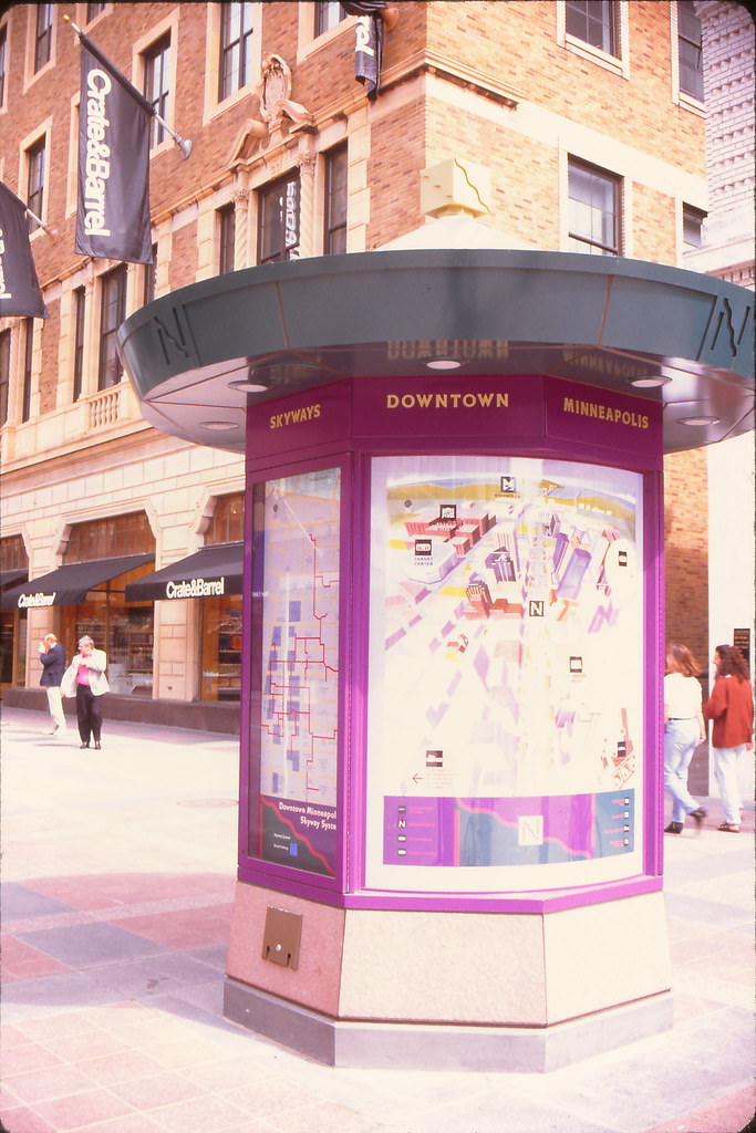 Nicollet Mall kiosk w map, Minneapolis, August 1992