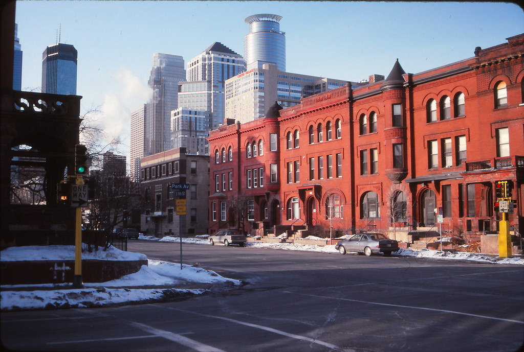 9th Street apartment buildings from Park Avenue, Minneapolis, January 1993