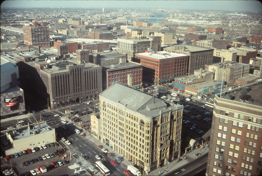 The Holiday Inn Minneapolis with the Holidome, 13th & Nicollet, Minneapolis Convention Center in middle of photo, Nov 1990