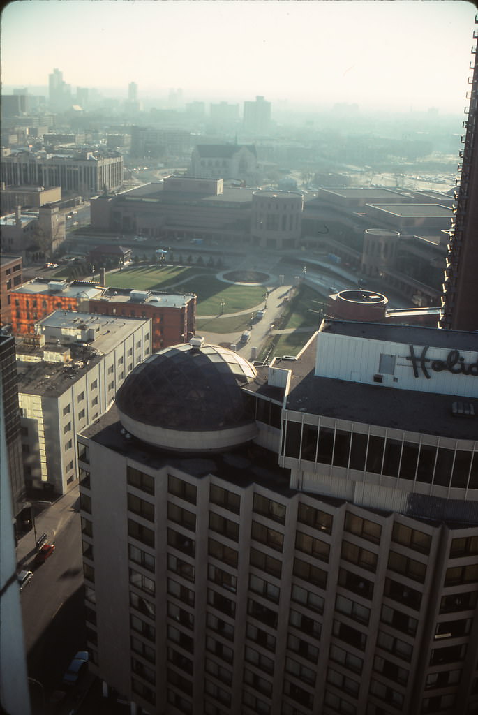 Looking down 13th Street towards Laurel Village Apartments under construction from Hyatt Regency, Minneapolis, Nov 1990