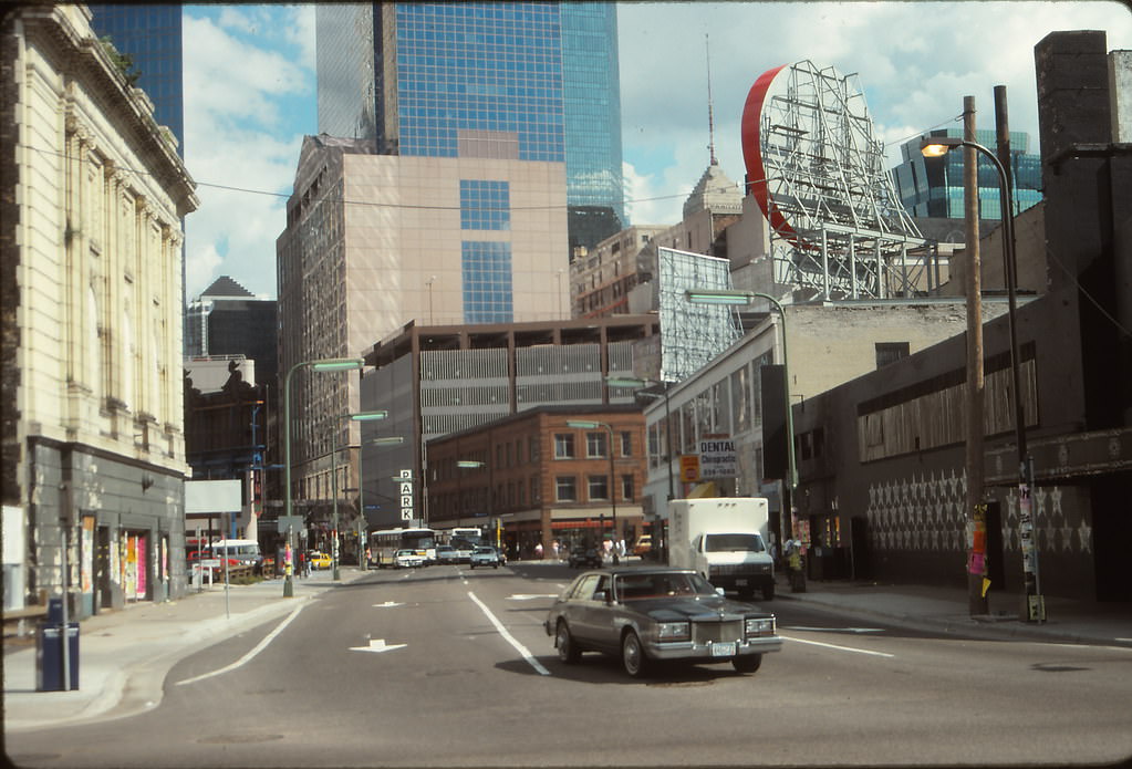 7th Street from First Avenue N, Academy Theater at left, First Avenue Nightclub (made famous by Prince & The Replacements) at right, August 1991