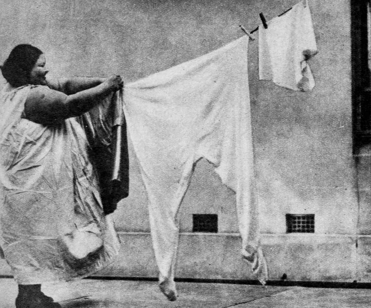 Wash-day Revelation. Fifty-four stone is six times the weight of the average woman, needs six times the accommodation.