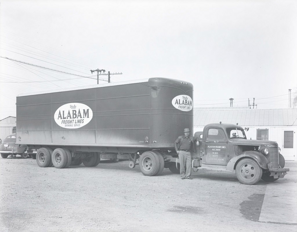 Man Standing Next to Alabam Freight Lines Truck, Phoenix, 1940