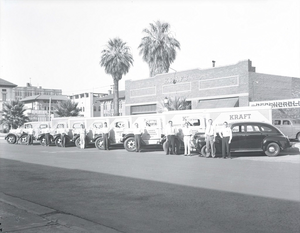 Delivery Trucks and Drivers Outside the Kraft Cheese Products Company Distribution Building, Phoenix, 1940