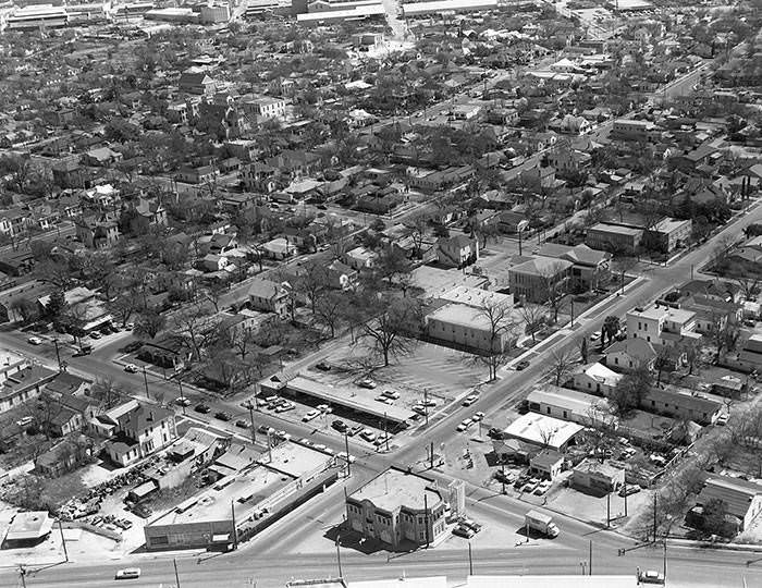 Aerial view looking east toward New City Block 706 (center), 1965.