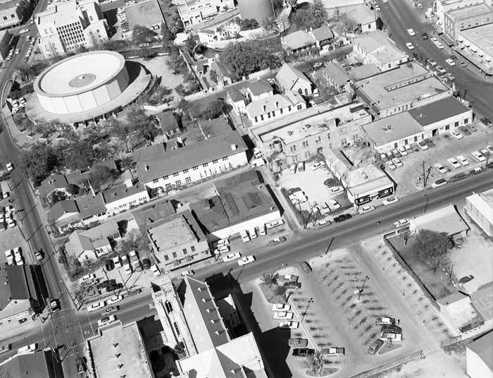 Aerial view looking northeast toward La Villita (center) and the round Villita Assembly Hall, 1964