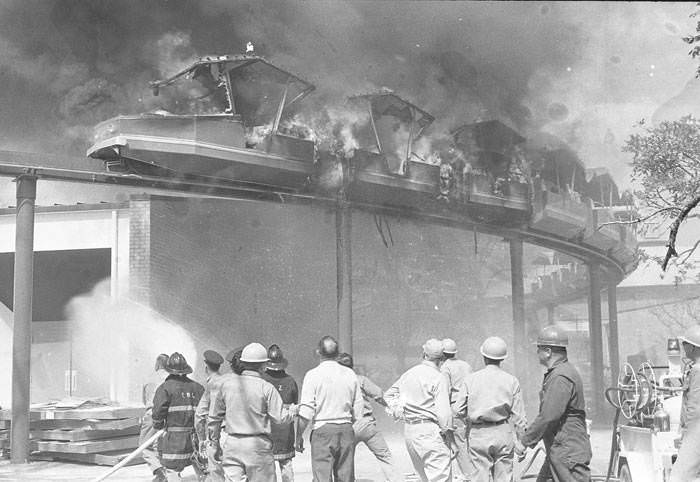 Fire on the HemisFair mini-monorail ten days before the opening of the fair, 1968