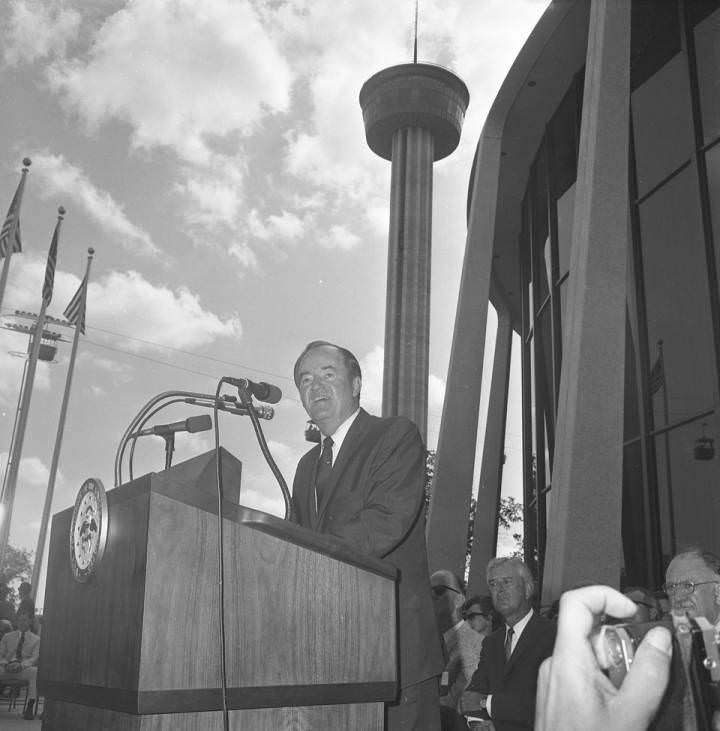 Vice-President Hubert Humphrey, Democratic candidate for president, speaks outside U.S. Pavilion at HemisFair , 1968