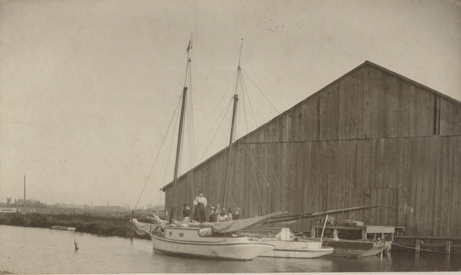 Sailboat "Wanderer" at Alviso, 1890s.