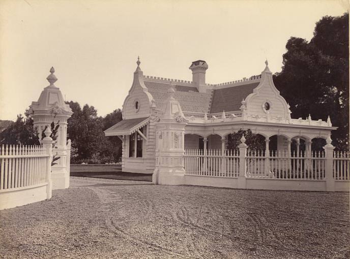 The Lodge." Entrance to Flood Residence, Menlo, 1880