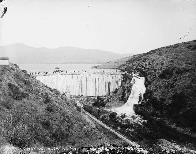 Water flowing from the Sweetwater Dam spillway, 1890