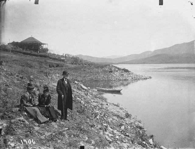 A man and two women at the Sweetwater reservoir, 1895
