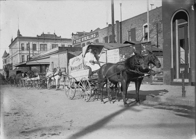 A man seated in a horse-drawn Bay City Market delivery wagon at the northwest corner of Fifth and G Street, 1895