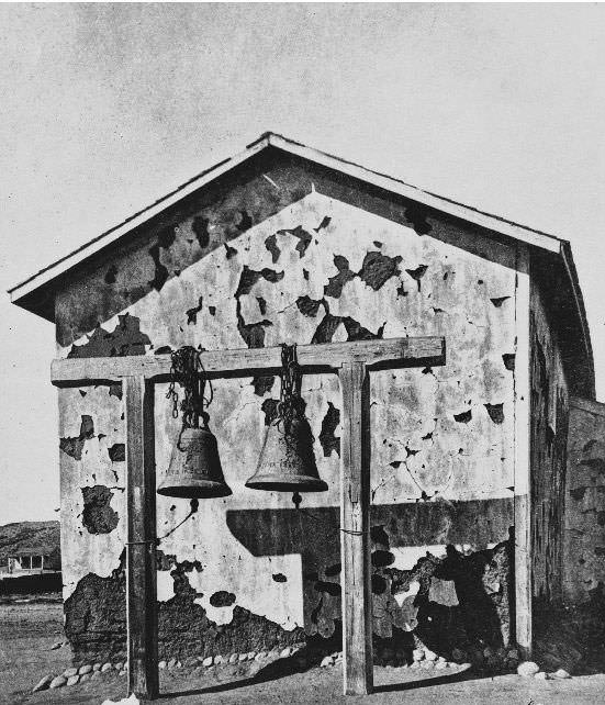 Two mission bells on display in Old Town, 1895