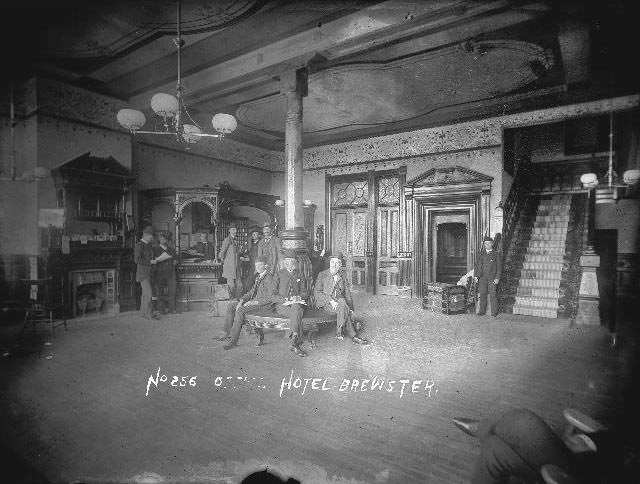 View of the Hotel Brewster lobby at Fourth and C Street, 1890