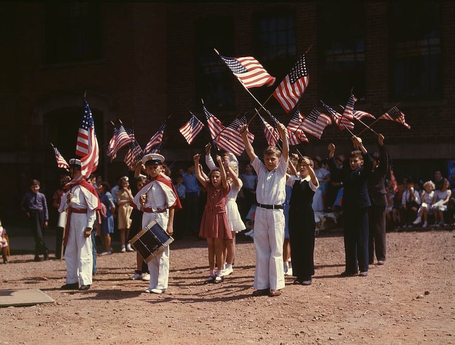 Children stage a patriotic demonstration, Southington, 1942