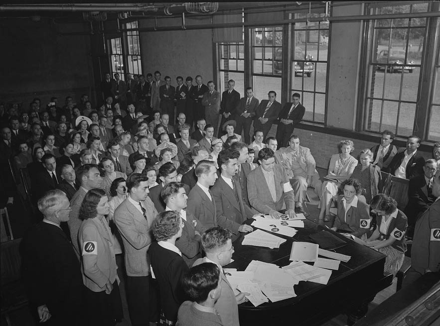 Some of Southington's 250 air raid wardens. They are attending one of the weekly meetings, 1942