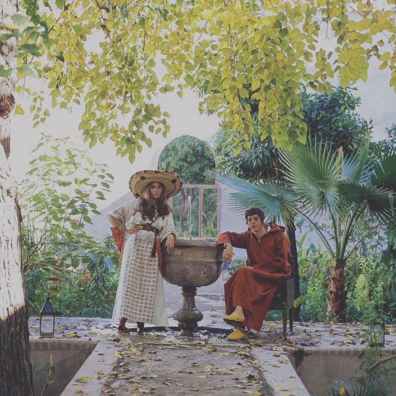 Paul and Talitha Getty by a fountain in their garden in Marrakesh, Morocco, January 15, 1970