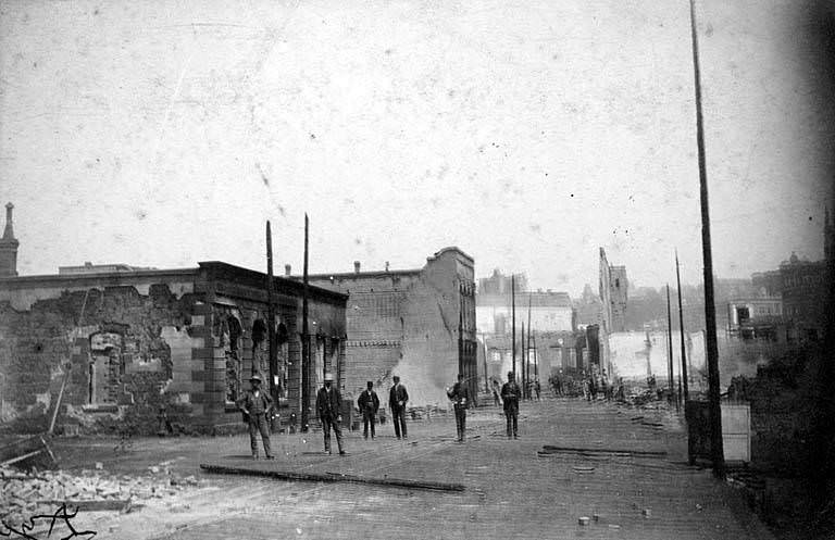 Aftermath of the Seattle fire of June 6, 1889 showing 1st Ave. S, 1889