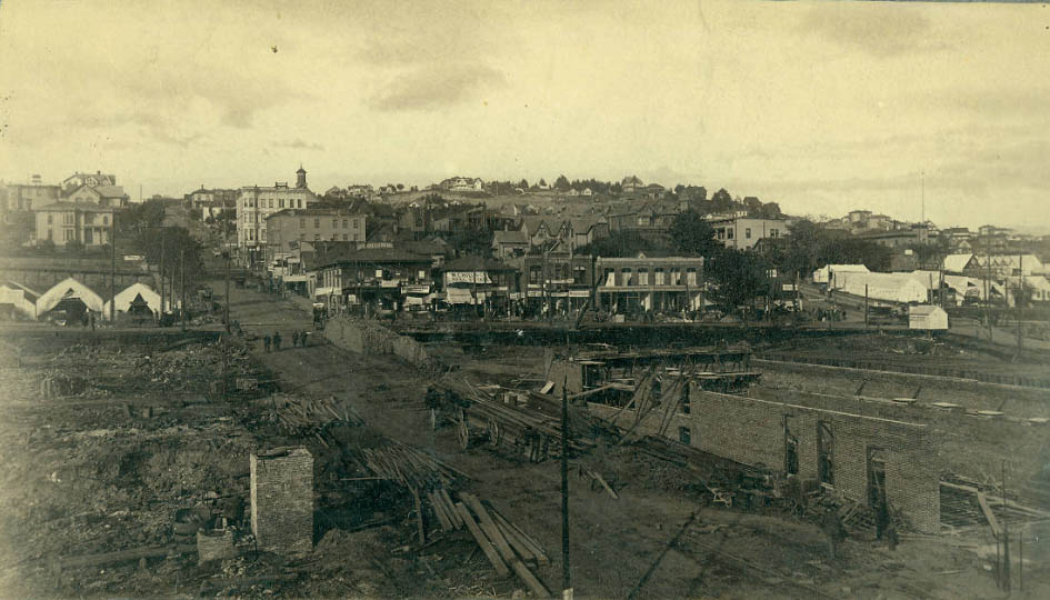 Block between 1st and 2nd Avenues and from James (at right) to a little north of Cherry (at left), 1889