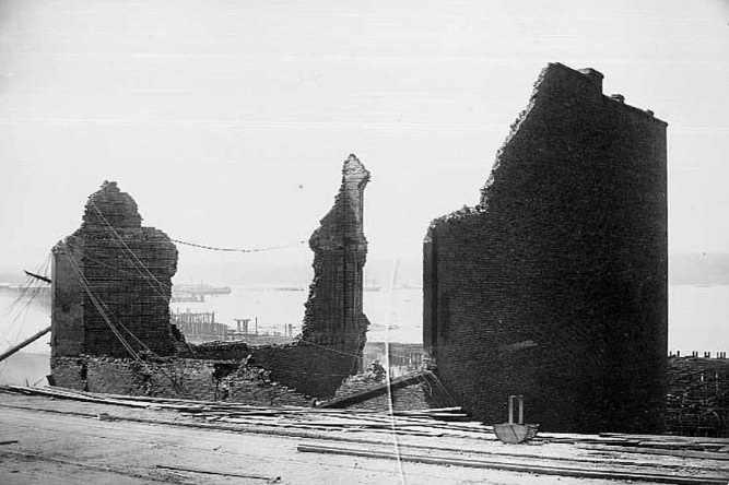 The ruins along Front Street, 1889