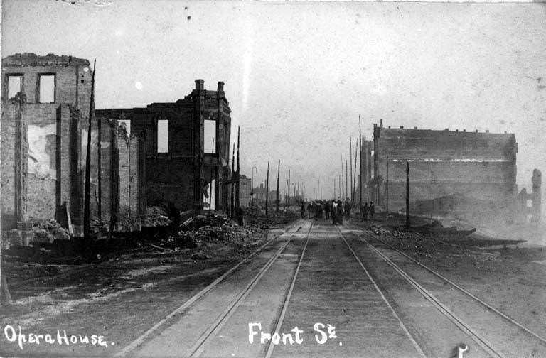 The ruins of Frye's Opera House at Northeast corner 1st Ave. and Marion Street, 1889