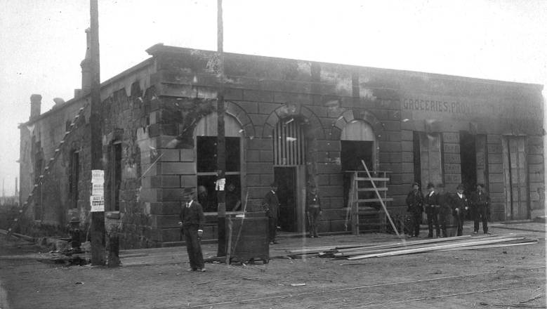 The ruins of the Dexter Horton and Co. bank at 1st Ave. S. and S. Washington Street, 1889