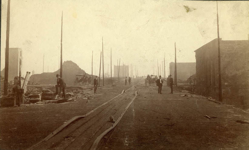 Fire ruins south from 1st Ave. S. and S. Washington St., 1889