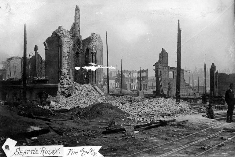 Aftermath of the Seattle fire of June 6, showing the ruins of buildings.