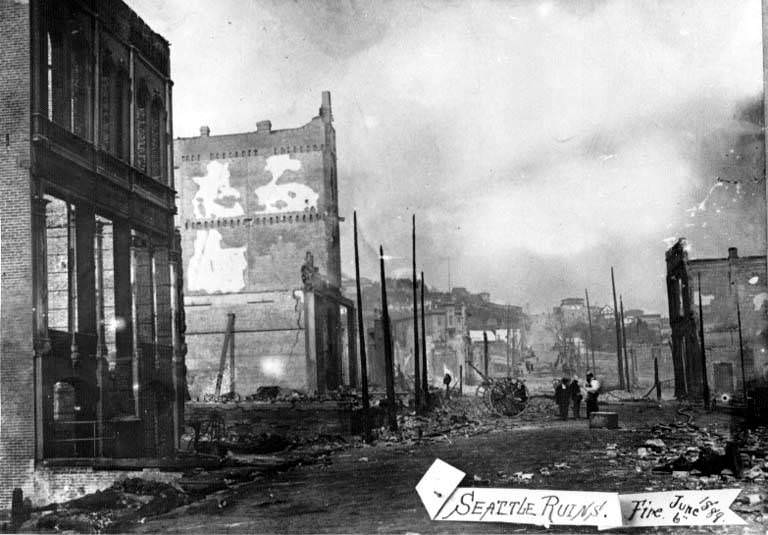 Aftermath of the Seattle fire of June 6, showing the ruins of buildings, 1889