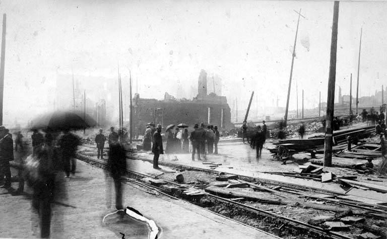 Aftermath of the Seattle fire of June 6, showing train tracks, 1889
