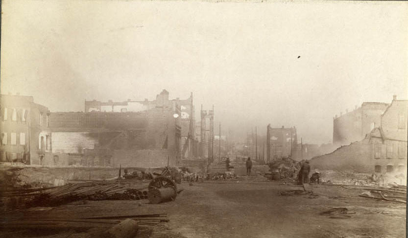 Fire ruins near Post Ave. and Yesler Way, June 1889