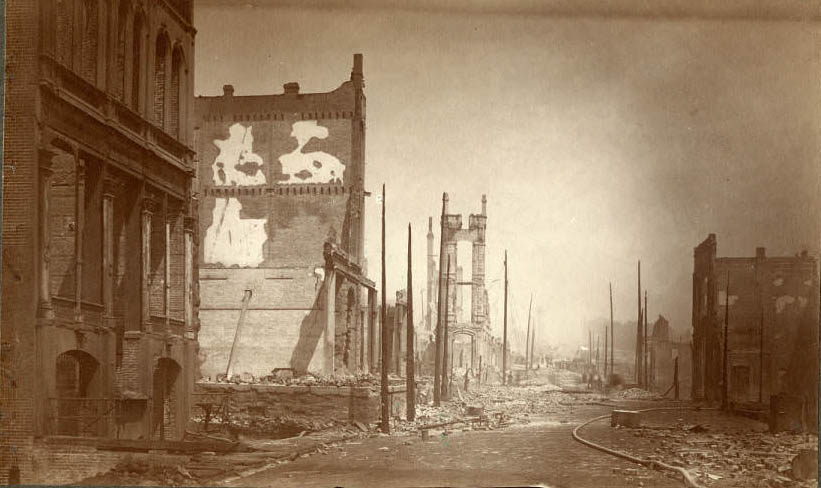 Fire ruins near 1st Ave. and Yesler Way, June 1889