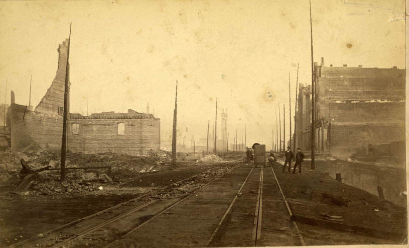 Fire ruins near 1st Ave. and Madison St., June 1889