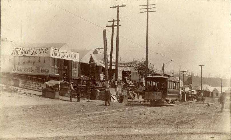 Temporary buildings at 2nd Ave. and James St. following fire, June 1889