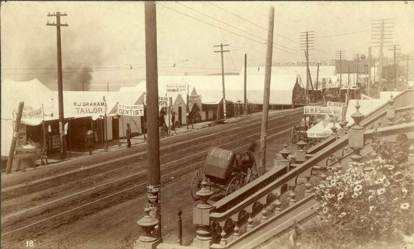 Temporary tents at 2nd Ave. and Marion St. following fire, June 1889