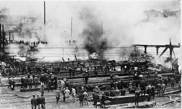 Aftermath of Seattle fire of June 6, 1889 as seen from Railroad Ave. to the east.