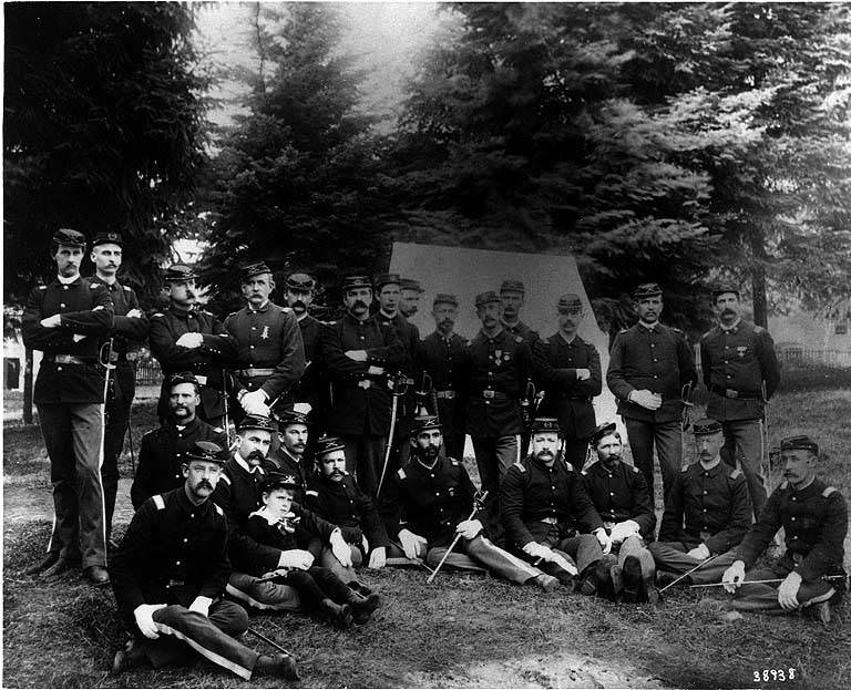 Aftermath of Seattle fire of June 6, 1889, depicting officers of the Washington National Guard.1889