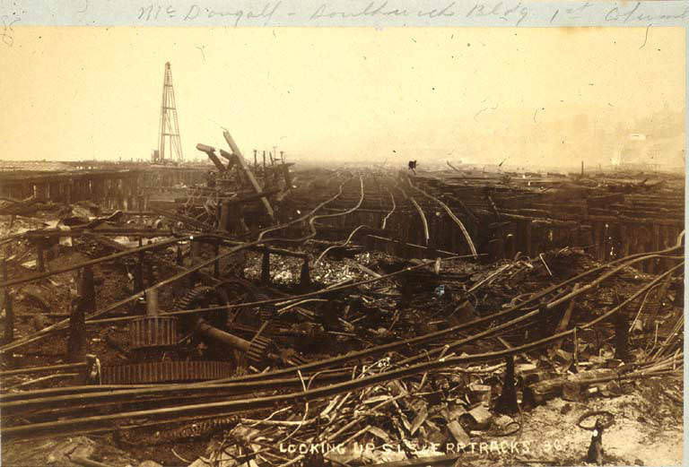 Looking north at the ruins of the Seattle Lake Shore and Eastern Railway Company tracks, Washington.1889