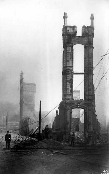 Ruins of Puget Sound National Bank in the Occidental Hotel Building, corner of James St. and Yesler Way, 1889