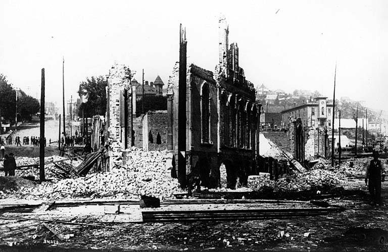 Looking east at the ruins of the Occidental Hotel at corner of James St. and Yesler Way.