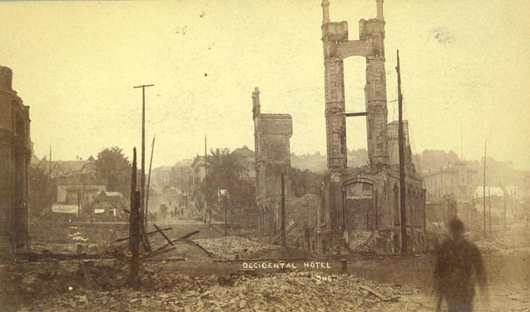Looking northwest showing the ruins of the Occidental Hotel, corner of James St. and Yesler Way, Seattle, Washington, 1889