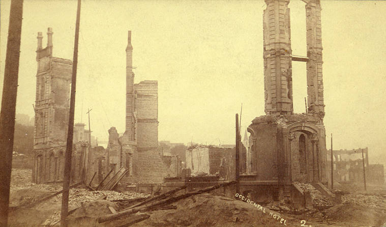 Ruins of the Occidental Hotel, corner of James St. and Yesler Way, Seattle, Washington, 1889